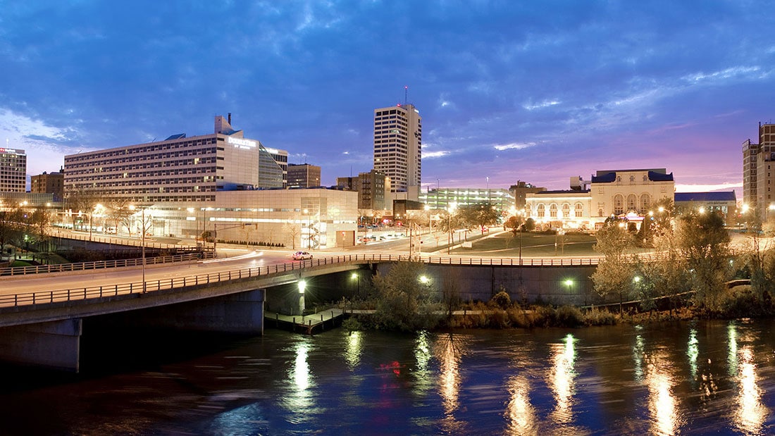 View of downtown South Bend from East Bank Townhomes