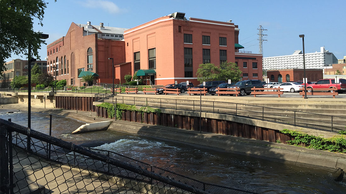 Saint Joseph River running past Commerce Center