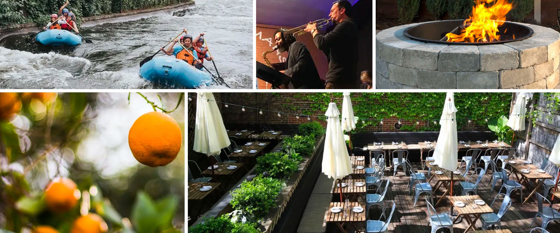 collage of courtyard, fireplace, rafting on river, jazz club and fruit.